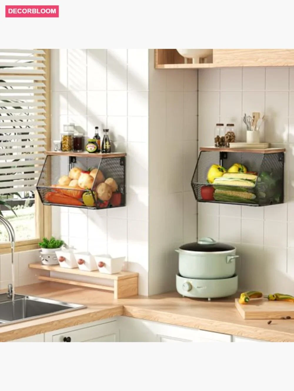 Stackable Fruit Basket 2 Pack, Wall Mountable Wire Basket with Wood Lid,